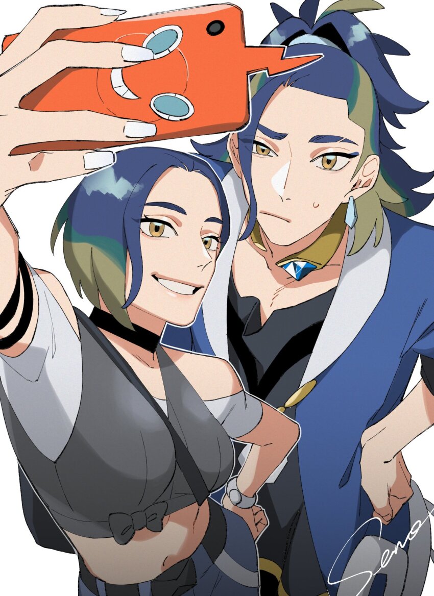 1boy, 1girl, adaman_(pokemon), bare_shoulders, blonde_hair, blue_coat, blue_hair, bob_cut