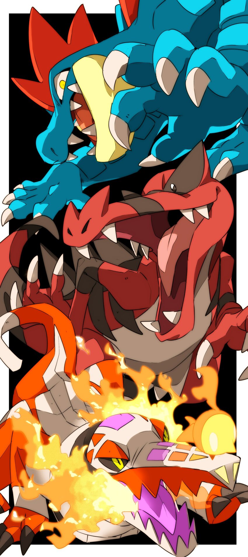 45_(maruyaki45), absurdres, animal_focus, black_background, black_sclera, border, claws, colored_sclera, crocodile, crocodilian, dated_commentary, fangs, feraligatr, fire, gen_2_pokemon, gen_5_pokemon, highres, krookodile, looking_at_viewer, nintendo, no_humans, open_mouth, outside_border, pokemon, pokemon_(creature), sharp_teeth, skeledirge, slit_pupils, teeth, tongue, white_border, yellow_eyes