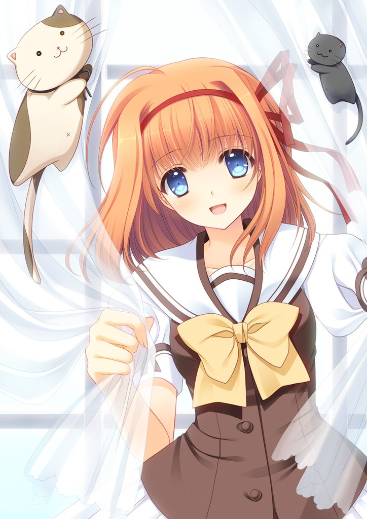 1girl, black_cat, blue_eyes, bow, brown_shirt, cat, commentary_request, curtains, fuyou_kaede, hair_ribbon, national_verbena_academy_school_uniform, nishimata_aoi, orange_hair, red_ribbon, ribbon, sailor_collar, school_uniform, shirt, short_hair, shuffle!, smile, solo, upper_body, white_sailor_collar, yellow_bow