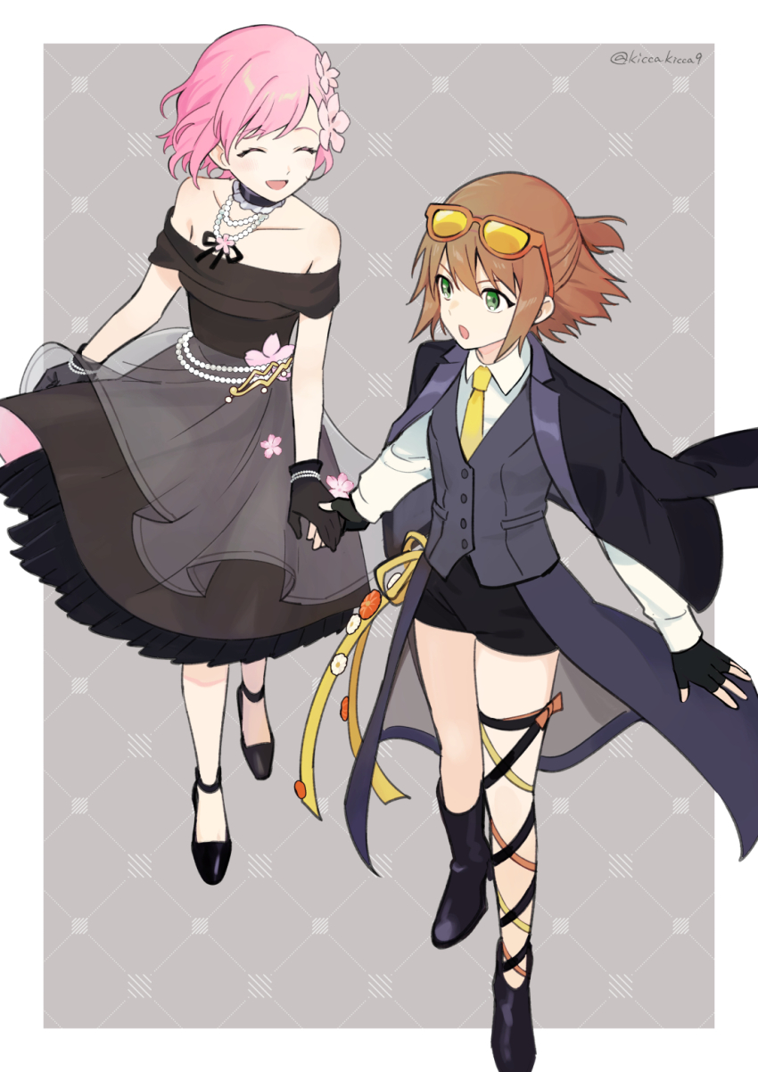 2girls, alternate_costume, argyle_background, argyle_clothes, black_dress, black_footwear, black_gloves, black_jacket, black_shorts, brown_hair, closed_eyes, collared_shirt, dress, estellise_sidos_heurassein, eyewear_on_head, fingerless_gloves, flower, gloves, green_eyes, hair_flower, hair_ornament, highres, holding_hands, jacket, jacket_on_shoulders, jewelry, lirio_(nikori9), multiple_girls, necklace, necktie, off_shoulder, open_mouth, pink_hair, rita_mordio, shirt, shorts, sleeveless, sleeveless_dress, strapless, strapless_dress, sunglasses, tales_of_(series), tales_of_vesperia, twitter_username, vest, white_shirt, yellow_necktie