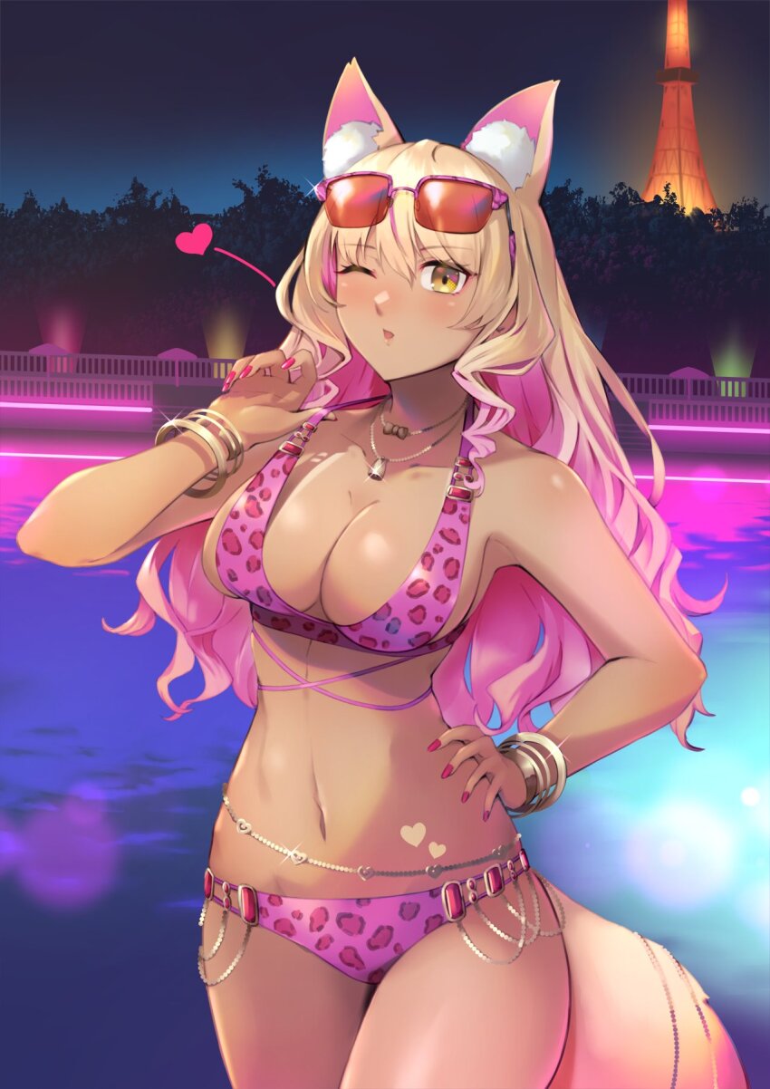 1girl, animal_ears, animal_print, bikini, blonde_hair, bracelet, breasts, cleavage