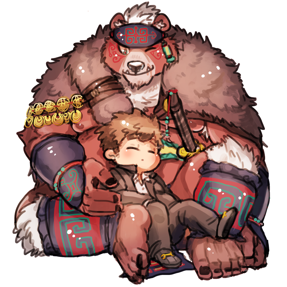 2boys, ainu_clothes, animal_ears, arm_guards, bara, bear_boy, bear_ears, black_nails