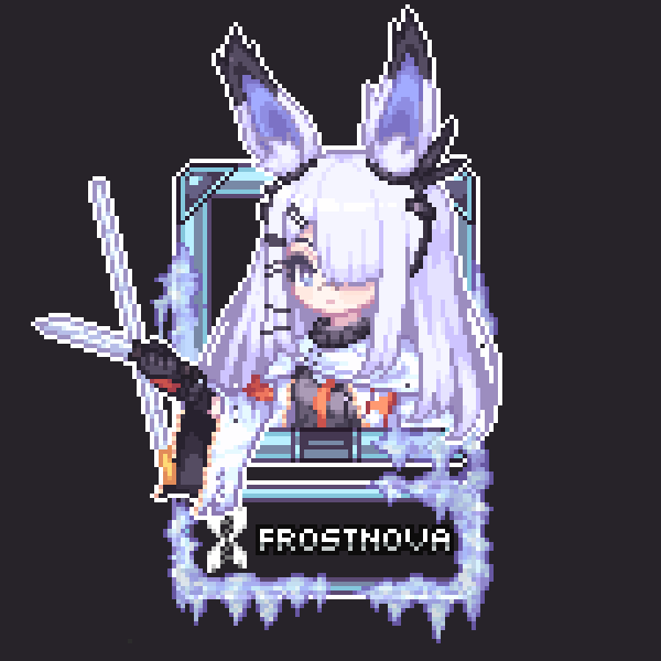 1girl, animal_ear_fluff, animal_ears, arknights, black_background, black_gloves, black_jacket, blue_eyes, capelet, character_name, closed_mouth, commentary, commission, english_commentary, frostnova_(arknights), gloves, grey_hair, hair_over_one_eye, holding, ice, iloccorb9, jacket, long_hair, looking_at_viewer, pixel_art, simple_background, solo, upper_body, white_capelet