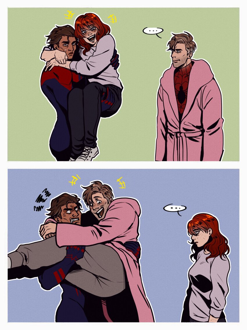 ..., 1girl, 2boys, absurdres, anger_vein, angry, animal_print, black_hair, black_pants, blue_bodysuit, bodysuit, brown_hair, carrying, coat, dark-skinned_male, dark_skin, facial_hair, grey_pants, grey_shirt, highres, large_pectorals, marvel, mary_jane_watson, miguel_o'hara, multicolored_bodysuit, multiple_boys, muscular, muscular_male, nakariiale, open_mouth, pants, pectorals, peter_b_parker, pink_coat, princess_carry, red_bodysuit, shirt, short_hair, smile, spider-man:_across_the_spider-verse, spider-man_(series), spider-verse, spider_print, two-tone_bodysuit