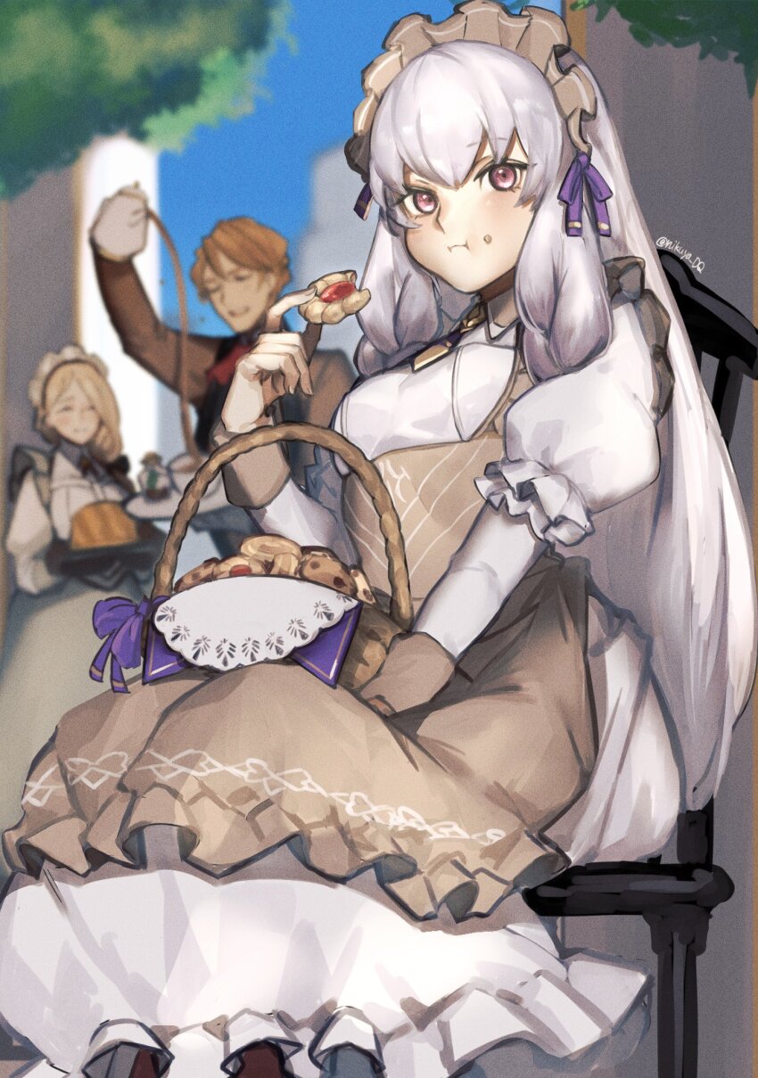 1boy, 2girls, apron, basket, blonde_hair, brown_apron, brown_suit, cake, chair, closed_eyes, closed_mouth, commentary, cookie, dress, eating, ferdinand_von_aegir, ferdinand_von_aegir_(tea_party), fire_emblem, fire_emblem:_three_houses, fire_emblem_heroes, food, food_in_mouth, food_on_face, formal_clothes, highres, holding, holding_food, holding_teapot, holding_tray, juliet_sleeves, long_hair, long_sleeves, looking_at_viewer, lysithea_von_ordelia, lysithea_von_ordelia_(tea_party), maid_headdress, mercedes_von_martritz, mercedes_von_martritz_(tea_party), multiple_girls, nintendo, official_alternate_costume, orange_hair, outdoors, pink_eyes, puffy_sleeves, seinikuten, short_hair, sitting, smile, suit, teapot, tray, twitter_username, very_long_hair, waist_apron, white_hair