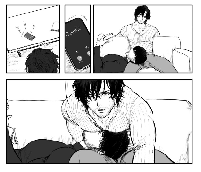 2boys, bara, barnabas_tharmr, book, clive_rosfield, face_to_pecs, facial_hair, final_fantasy, final_fantasy_xvi, greyscale, holding, holding_book, kitano_gori, large_pectorals, lying, lying_on_person, male_focus, monochrome, multiple_boys, muscular, muscular_male, on_back, open_book, pants, pectorals, phone, reading, shirt, short_hair, sitting, yaoi