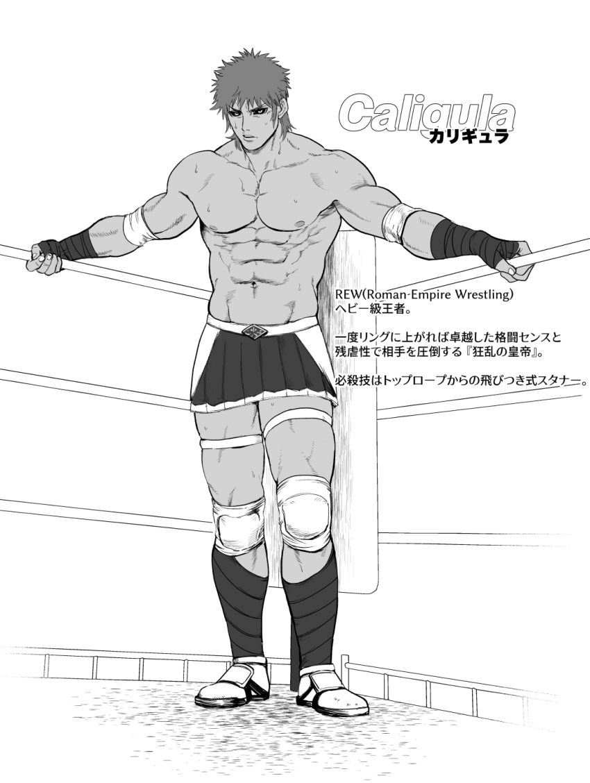 1boy, abs, armpits, bandaged_hand, bandages, bara, caligula_(fate), character_name