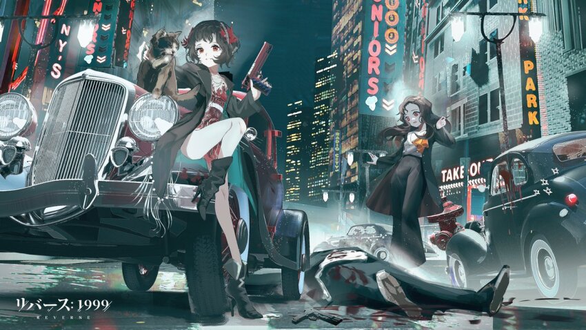 1boy, 2girls, :o, ankle_boots, black_coat, black_footwear, black_hair, black_pants, blood, boots, building, car, cat, coat, copyright_name, curly_hair, dress, feather_dress, feather_hair_ornament, feathers, fire_hydrant, frown, full_body, grin, gun, hair_ornament, hand_up, handgun, hands_up, holding, holding_gun, holding_weapon, lamppost, leg_up, logo, long_hair, looking_at_viewer, looking_down, lying, marian_(reverse:1999), motor_vehicle, multiple_girls, neon_lights, night, on_back, open_clothes, open_coat, pants, red_dress, red_eyes, reverse:1999, schneider_(reverse:1999), shirt, short_dress, short_hair, siblings, sign, sisters, sky, smile, standing, standing_on_one_leg, swav, weapon, white_shirt