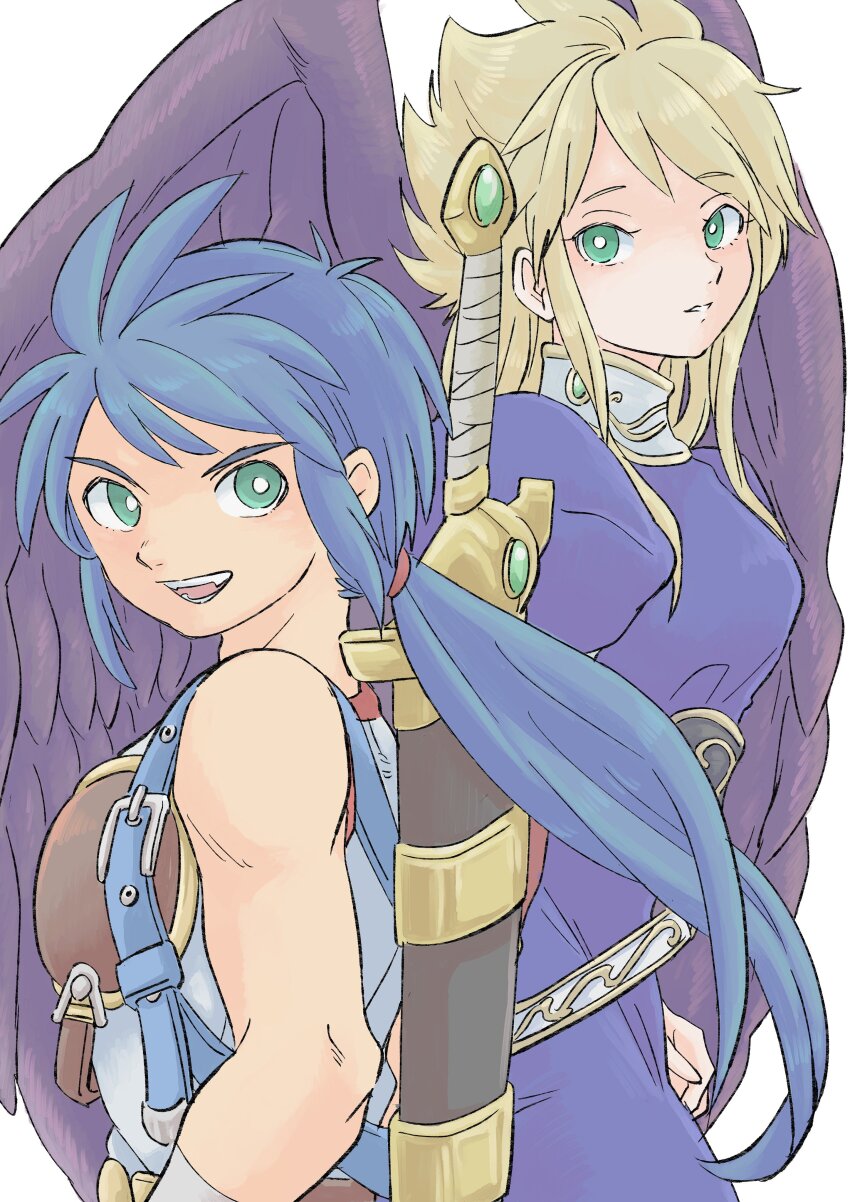 1boy, 1girl, absurdres, angel_wings, black_wings, blonde_hair, blue_hair, breasts