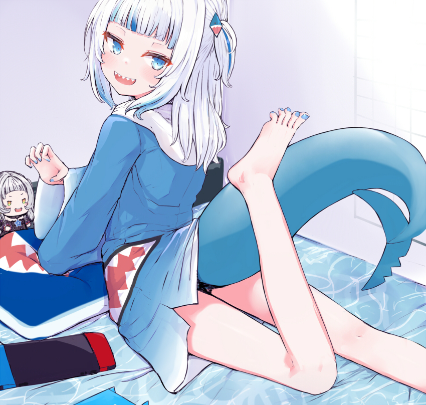 1girl, 22806, bare_legs, barefoot, bed, bed_sheet, blue_eyes, blue_hair, blue_hoodie, blue_nails, blunt_bangs, blush, character_doll, commentary, doll, eyelashes, feet, fins, fish_tail, foot_out_of_frame, foot_up, from_behind, gawr_gura, gawr_gura_(1st_costume), hair_ornament, hand_up, handheld_game_console, highres, hololive, hololive_english, hood, hood_down, hoodie, indoors, legs, looking_at_viewer, looking_back, multicolored_hair, murasaki_shion, nail_polish, nintendo_switch, one_side_up, panties, panty_peek, pillow, shadow, shark_girl, shark_hair_ornament, shark_tail, sharp_teeth, shiny_skin, sidelocks, solo, streaked_hair, untranslatable_commentary, tail, teeth, thighs, toenail_polish, toenails, toes, underwear, virtual_youtuber, white_hair, wide_sleeves