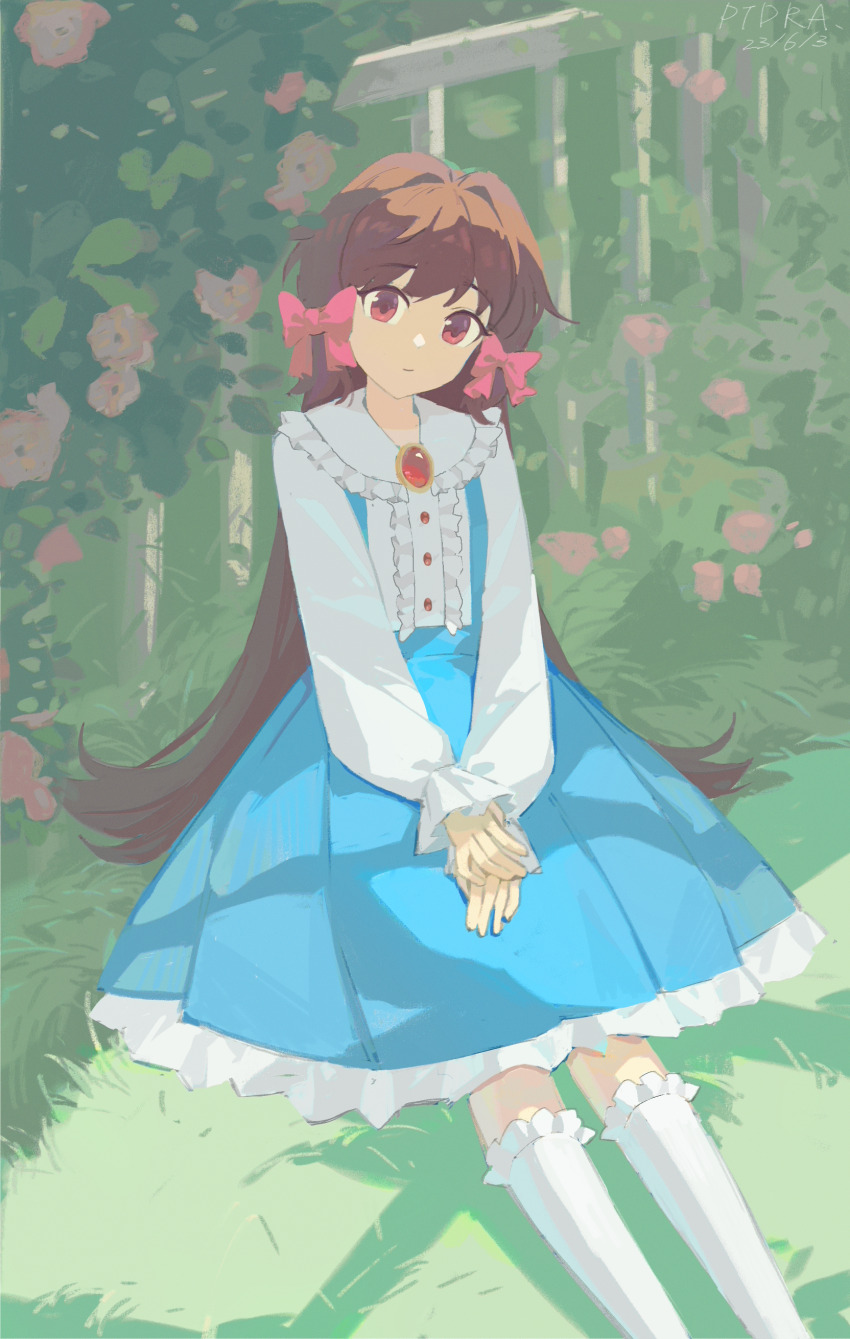 1girl, absurdres, brown_hair, dress, fence, flower, grass, highres