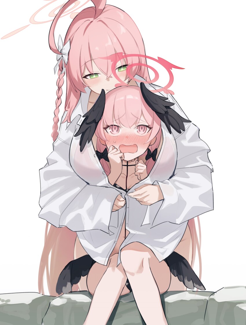 2girls, absurdres, age_difference, ahoge, bikini, black_bikini, black_wings, blue_archive, blush, bow, braid, breasts, closed_mouth, green_eyes, hair_between_eyes, hair_bow, halo, hanako_(blue_archive), hanako_(swimsuit)_(blue_archive), haramaki_(haranomaki), head_wings, highres, koharu_(blue_archive), koharu_(swimsuit)_(blue_archive), large_breasts, long_hair, long_sleeves, mini_wings, multiple_girls, nose_blush, official_alternate_costume, onee-loli, open_mouth, pink_eyes, pink_hair, shirt, side_braid, simple_background, sitting, swimsuit, twintails, very_long_hair, white_background, white_bow, white_shirt, wings, yuri