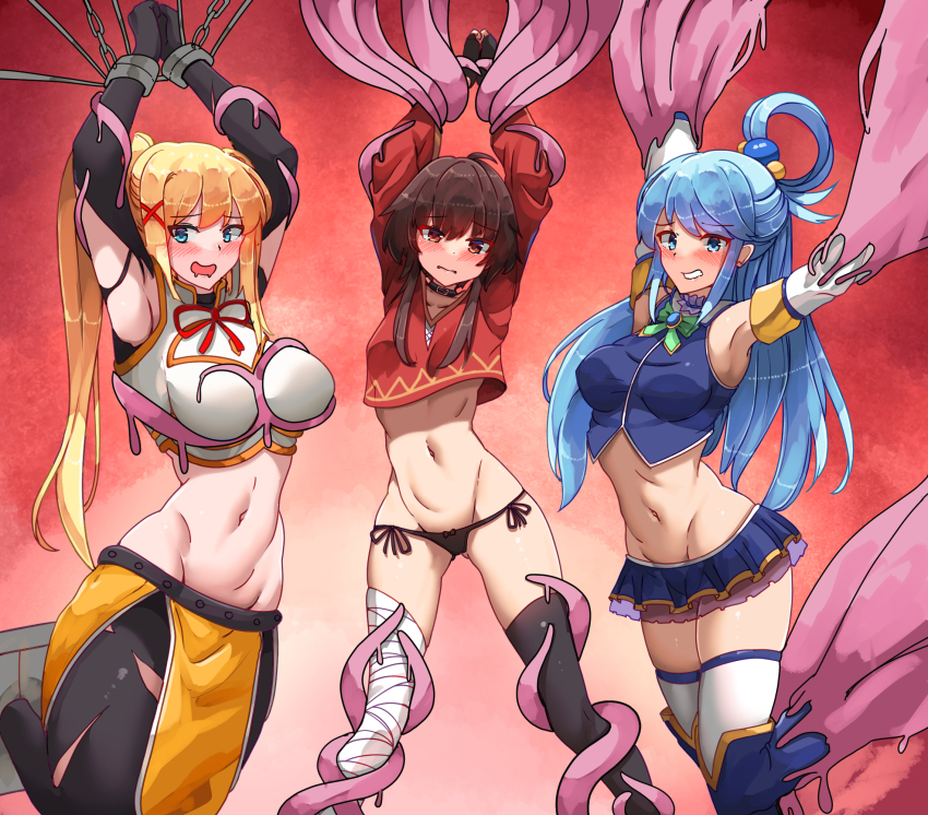 3girls, aqua_(konosuba), armor, bakasp-lilzy, bandaged_leg, bandages, belt, black_choker