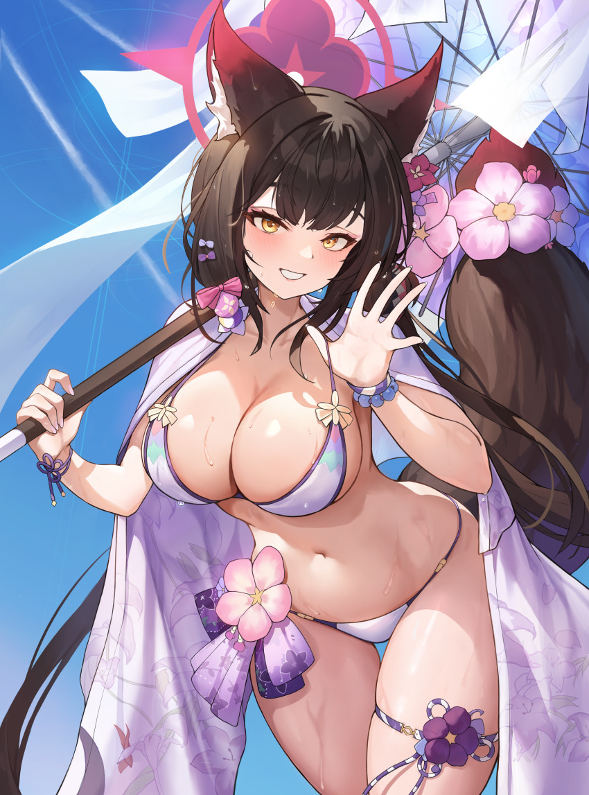 1girl, absurdres, animal_ear_fluff, animal_ears, bead_bracelet, beads, bikini, black_hair