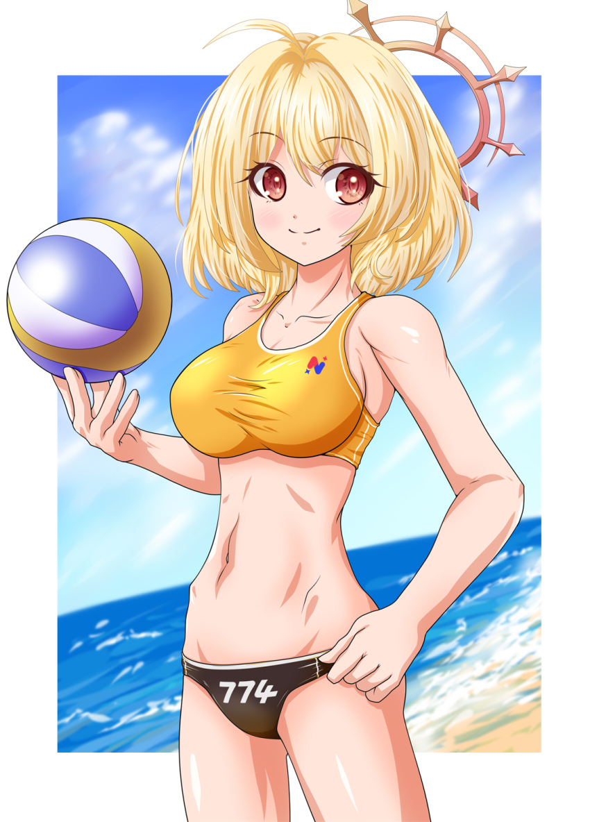 1girl, ahoge, alternate_costume, ball, beach, black_buruma, blonde_hair, blue_sky