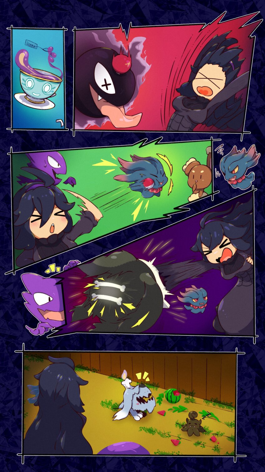 >_<, 1girl, :o, absurdres, afuron, ahoge, ball, black_hair, blush, breasts, buneary, commentary_request, curly_hair, dress, fence, food, fruit, gastly, gen_1_pokemon, gen_2_pokemon, gen_4_pokemon, gen_6_pokemon, gen_8_pokemon, greavard, hairband, haunter, hex_maniac_(pokemon), hex_maniac_(pokemon_xy), highres, long_hair, medium_breasts, misdreavus, motion_blur, motion_lines, nintendo, open_mouth, pokemon, pokemon_(creature), pokemon_x_and_y, pumpkaboo, purple_hairband, sinistea, strawberry, throwing, watermelon, x_x