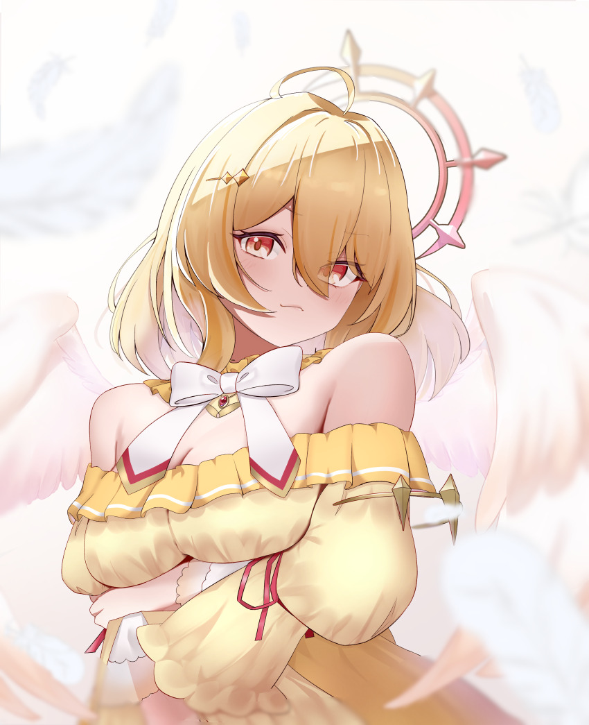 1girl, absurdres, ahoge, arm_under_breasts, blonde_hair, blush, bow, bowtie