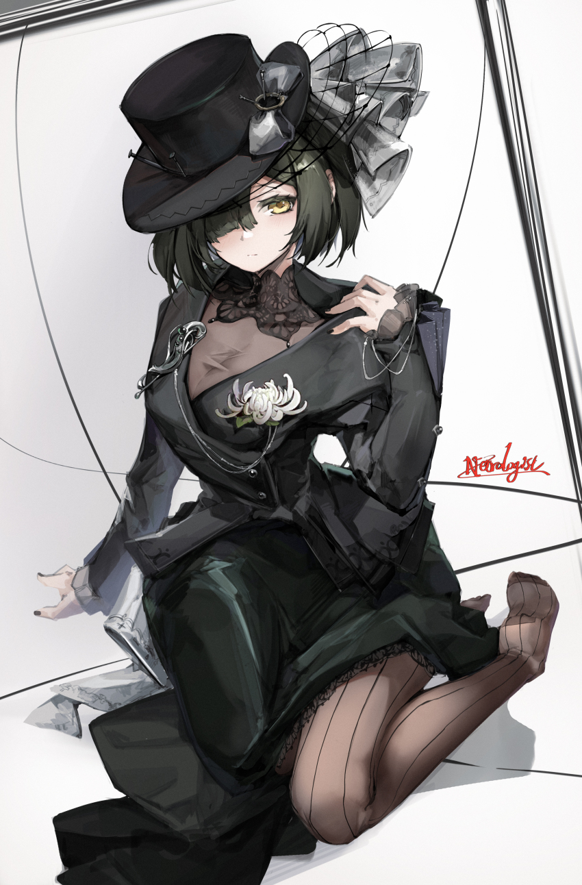 1girl, absurdres, arm_support, black_bow, black_dress, black_hair, black_hat, black_jacket, black_nails, black_pantyhose, black_veil, bob_cut, bow, breasts, character_name, chrysanthemum, cleavage, closed_mouth, dress, expressionless, flower, full_body, hair_over_one_eye, hand_up, hat, hat_bow, highres, jacket, long_sleeves, looking_at_viewer, necrologist, no_shoes, pantyhose, reverse:1999, see-through_clothes, see-through_cleavage, short_hair, sitting, sleeves_past_wrists, solo, striped_clothes, striped_pantyhose, tilted_headwear, top_hat, veil, vertical-striped_clothes, vertical-striped_pantyhose, wariza, white_background, white_flower, xun_li_eins, yellow_eyes