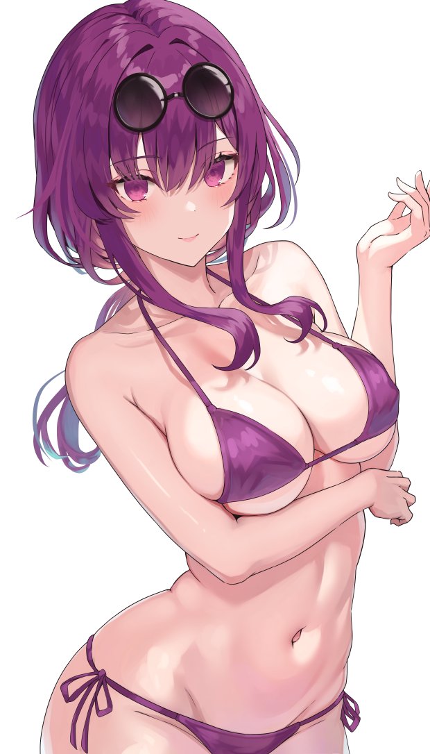 1girl, bare_arms, bare_shoulders, bikini, breasts, commentary_request, eyewear_on_head, groin