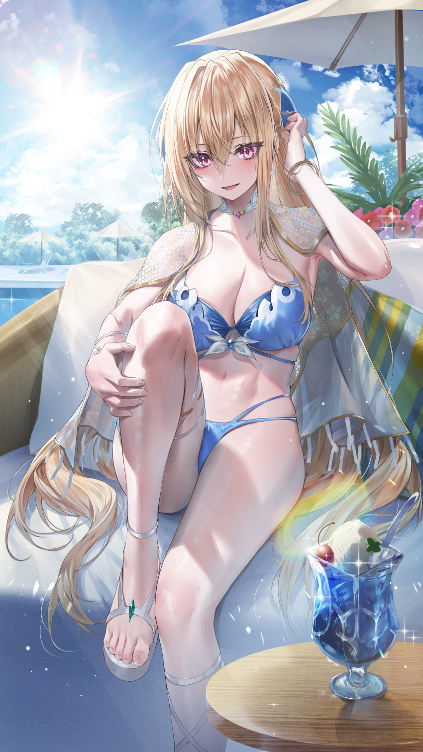 1girl, absurdres, bikini, blonde_hair, blue_bikini, blush, bracelet, breasts, cleavage, collarbone, commentary_request, flower, foot_out_of_frame, hair_between_eyes, hair_ornament, hand_up, heaven_burns_red, heirou, highres, jewelry, large_breasts, long_hair, navel, outdoors, parasol, parted_lips, purple_eyes, sandals, shirakawa_yuina, shirakawa_yuina_(midsummer_gendarmerie), sitting, smile, solo, sparkle, sun, sunlight, swimsuit, table, thighs, umbrella, white_sandals
