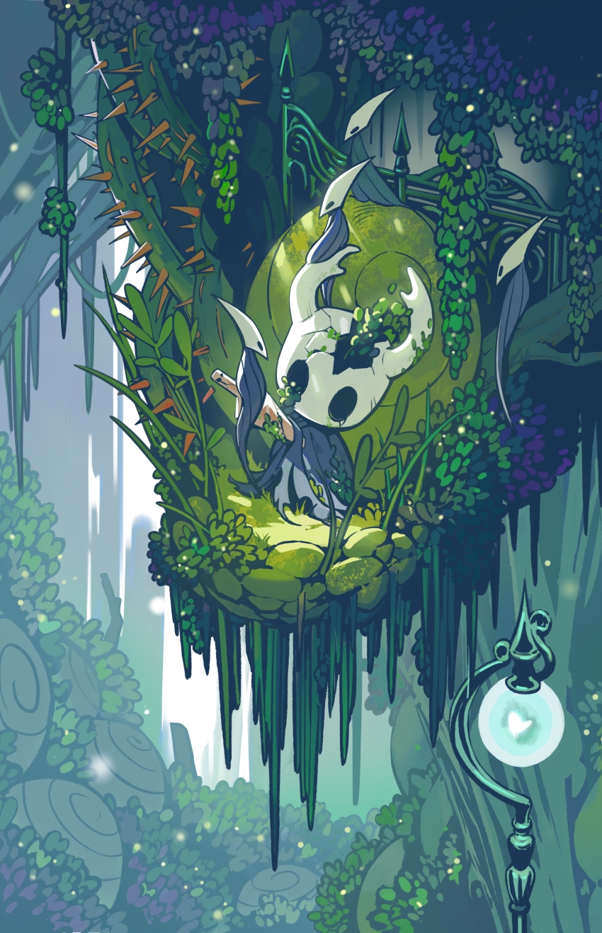 1other, absurdres, bush, chinese_commentary, clefs27, commentary_request, cracked_mask, fence, grass, grey_cloak, highres, hollow_knight, impaled, knight_(hollow_knight), lamppost, mask, maskfly_(hollow_knight), nail_(hollow_knight), no_humans, old_nail_(hollow_knight), overgrown, plant, solo, thorns, vines