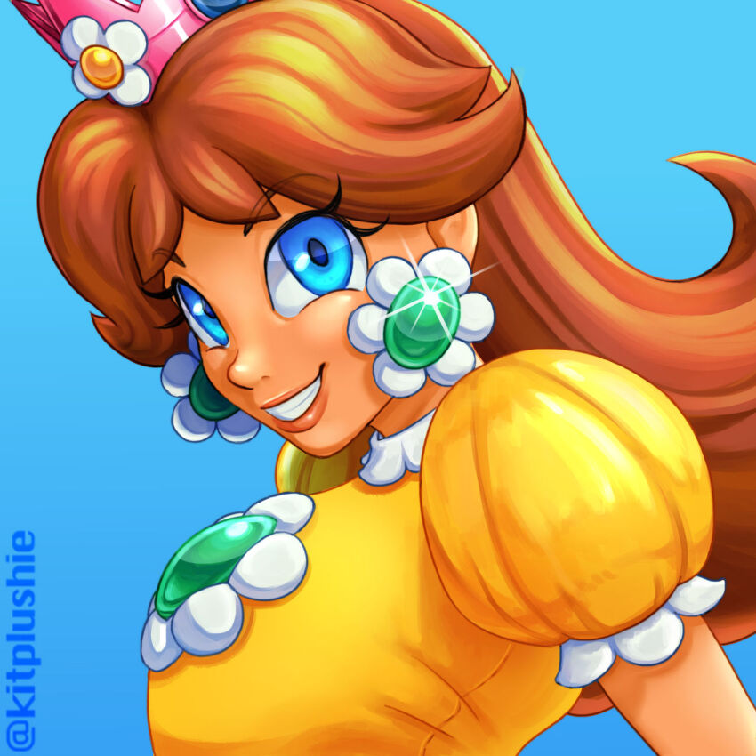 1girl, blue_eyes, breasts, brown_hair, crown, dress, earrings, flower_earrings, gem, grin, highres, jewelry, kitplushie, lips, long_hair, looking_at_viewer, mario_(series), medium_breasts, nintendo, orange_dress, princess_daisy, puffy_short_sleeves, puffy_sleeves, short_sleeves, smile, super_mario_land, upper_body