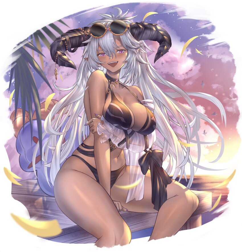 1girl, absurdres, arm_under_breasts, dark-skinned_female, dark_skin, demon_horns, eyewear_on_head, fangs