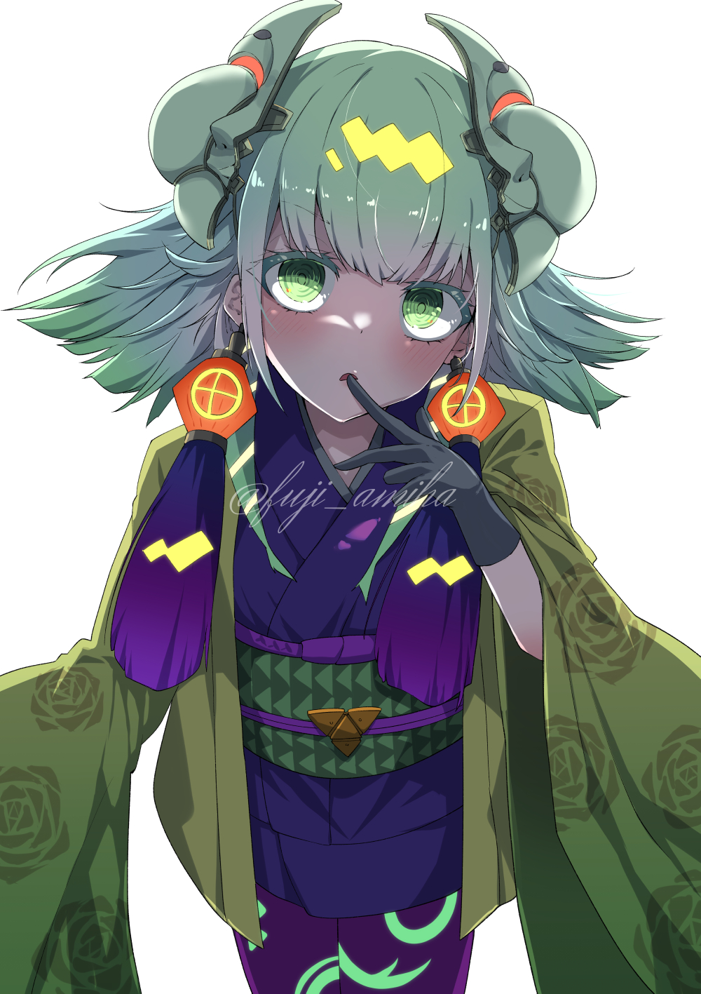 1other, ambiguous_gender, blonde_hair, duel_monster, ear_ornament, earrings, fuji_amiha, gloves, green_eyes, green_hair, highres, horns, japanese_clothes, jewelry, kimono, long_sleeves, noh-p.u.n.k._ze_amin, pantyhose, purple_pantyhose, short_kimono, solo, very_long_sleeves, yu-gi-oh!