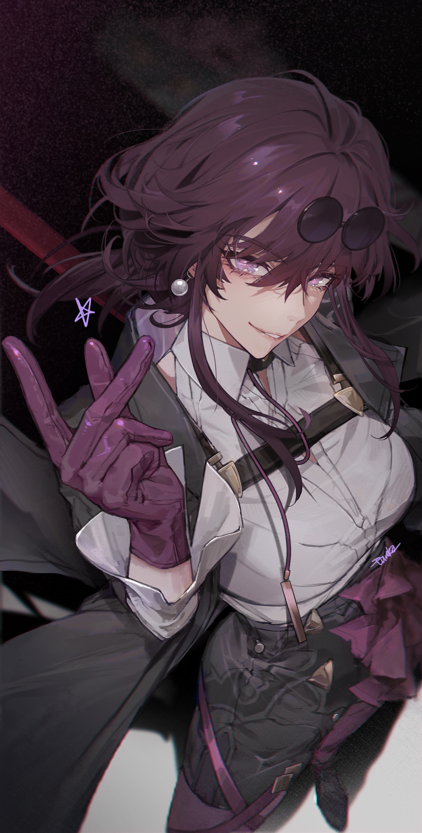 1girl, absurdres, artist_name, black_boots, black_jacket, black_skirt, boots, breasts, chest_harness, chromatic_aberration, collared_shirt, earrings, eureka1812, eyelashes, eyewear_on_head, gloves, hair_between_eyes, harness, high-waist_skirt, highres, honkai:_star_rail, honkai_(series), jacket, jewelry, kafka_(honkai:_star_rail), large_breasts, lipstick, long_hair, long_sleeves, looking_at_viewer, makeup, pantyhose, pink_lips, purple-tinted_eyewear, purple_eyes, purple_gloves, purple_hair, purple_pantyhose, shadow, shirt, sidelocks, signature, simple_background, single_thigh_boot, skirt, smile, snapping_fingers, solo, standing, star_(symbol), thigh_boots, tinted_eyewear, white_shirt