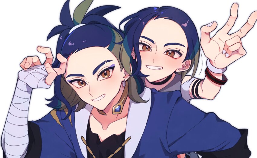 1boy, 1girl, adaman_(pokemon), arm_wrap, bare_shoulders, black_choker, black_vest, blue_coat