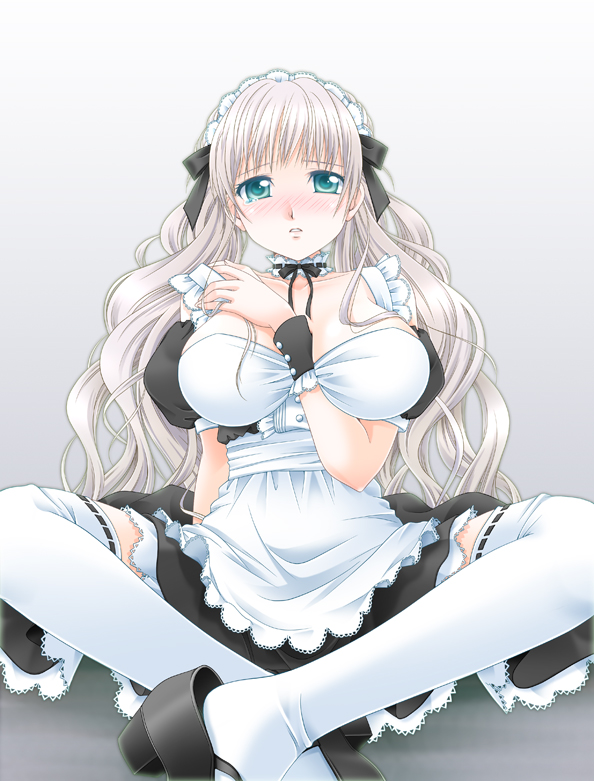1girl, aqua_eyes, between_breasts, blush, breasts, female_focus, gradient_background, hair_ribbon, hiyori_(nyatto), large_breasts, long_hair, maid, maid_headdress, mary_janes, original, ribbon, shoe_dangle, shoes, silver_hair, solo, tears, thighhighs, white_thighhighs