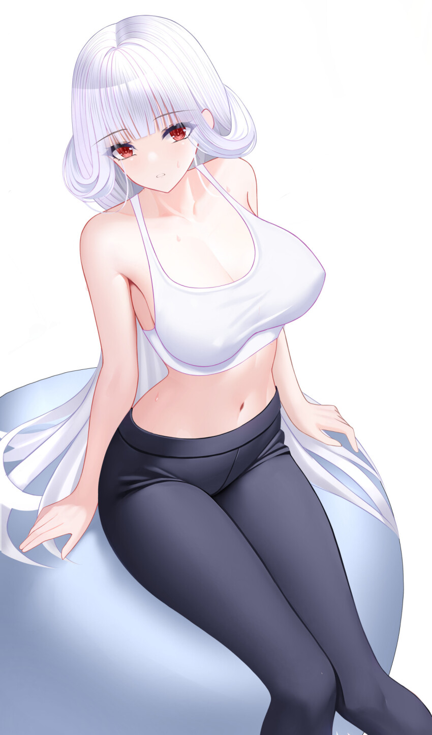 1girl, azur_lane, bare_arms, bare_shoulders, black_pants, breasts, commentary_request, crop_top