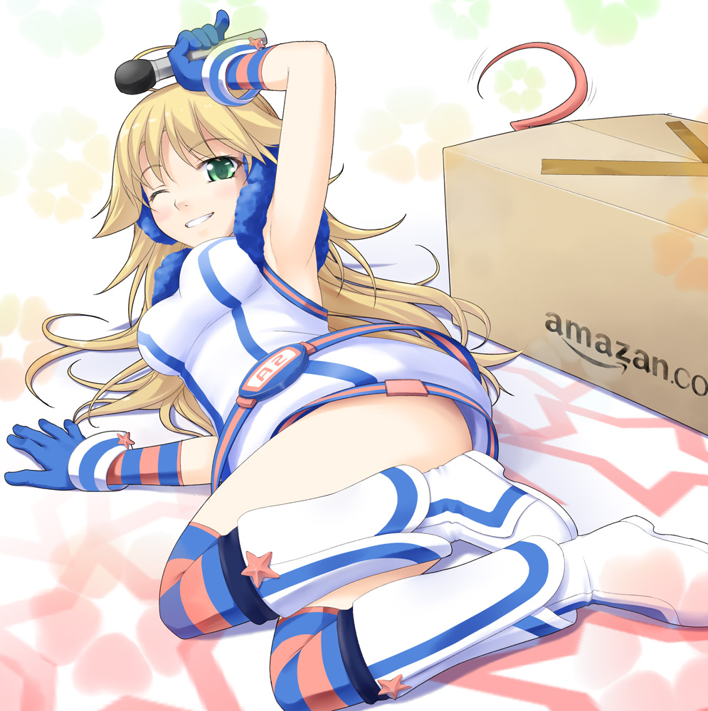 1girl, ahoge, amazon_(company), blonde_hair, boots, box, brand_name_imitation, brandname_parody