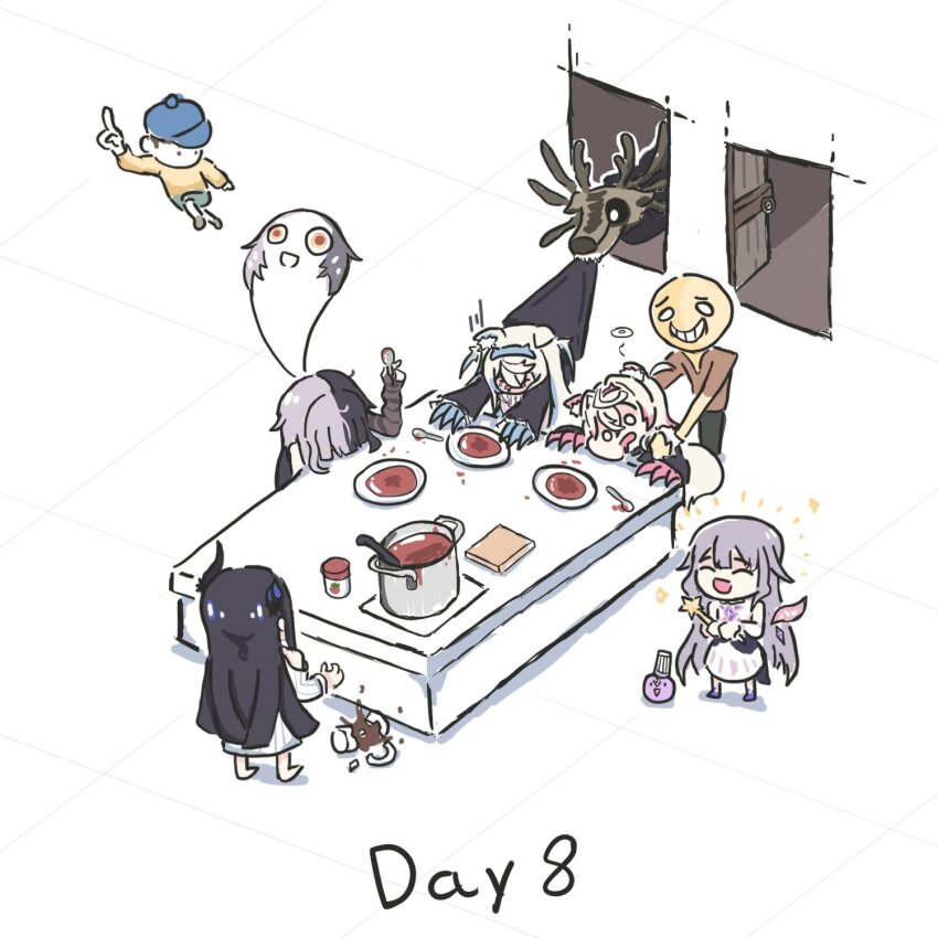 5girls, :d, ^_^, character_request, chibi, closed_eyes, cooking_pot, cup