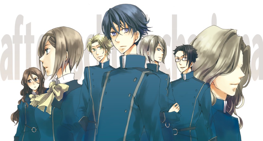 2girls, 5boys, black_hair, bow, bowtie, brown_hair, elizabeth_tudor, expressionless, florence_nightingale, hair_over_one_eye, houkago_no_charisma, hyu_ga, ikkyu_soujun, kamiya_shirou, long_sleeves, multiple_boys, multiple_girls, napoleon_bonaparte_(houkago_no_charisma), school_uniform, short_hair, sigmund_freud_(houkago_no_charisma), upper_body, wolfgang_amadeus_mozart