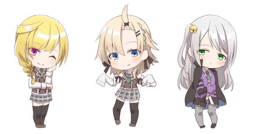 3girls, ;), assault_lily, bangs_pinned_back, bell, black_bow, black_cloak, black_footwear