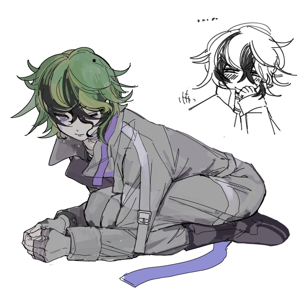 1boy, boots, closed_mouth, commentary_request, eyeliner, full_body, green_hair, hair_between_eyes