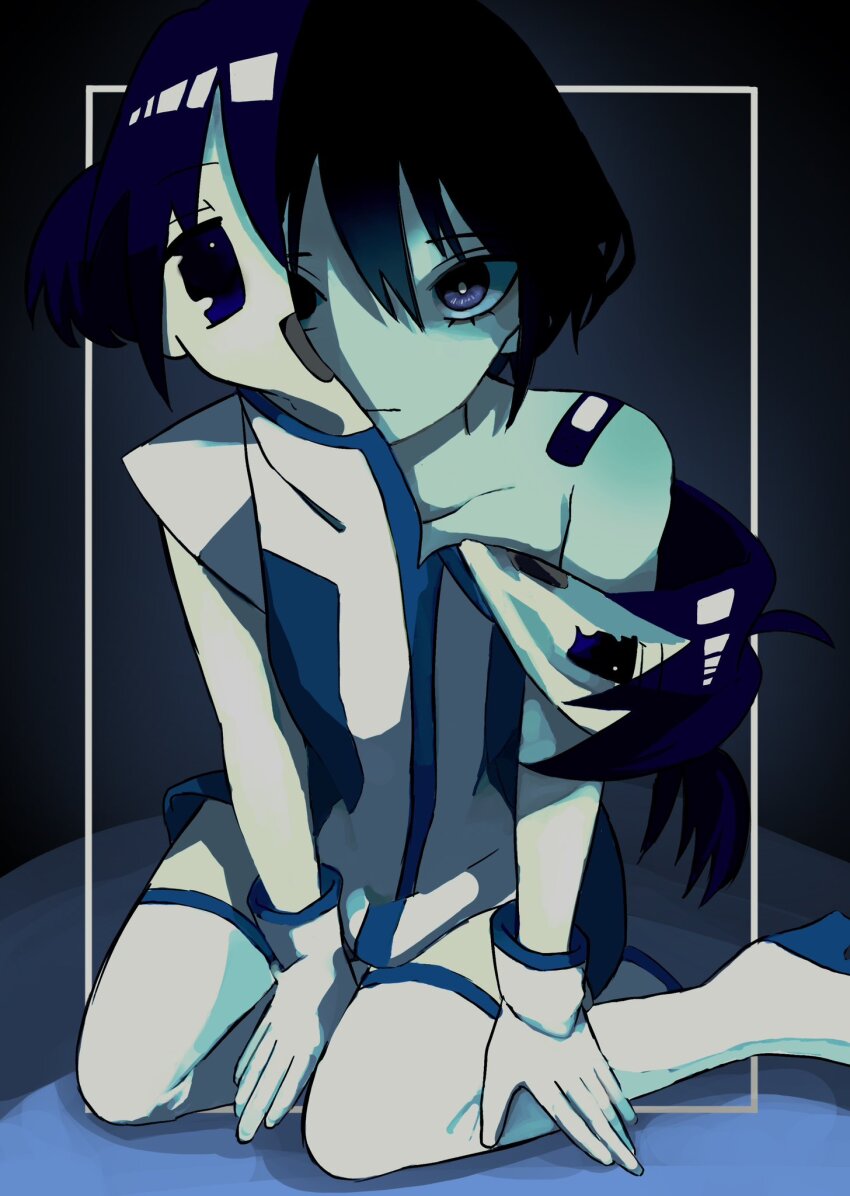 1girl, animegao, bandaid, bandaid_on_shoulder, between_legs, black_hair, boots, closed_mouth