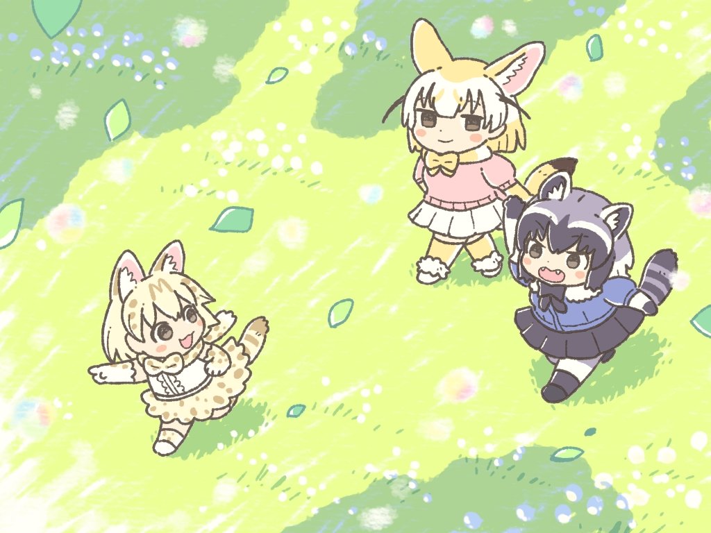 3girls, animal_ears, animal_print, black_hair, black_skirt, blonde_hair, blush, bow