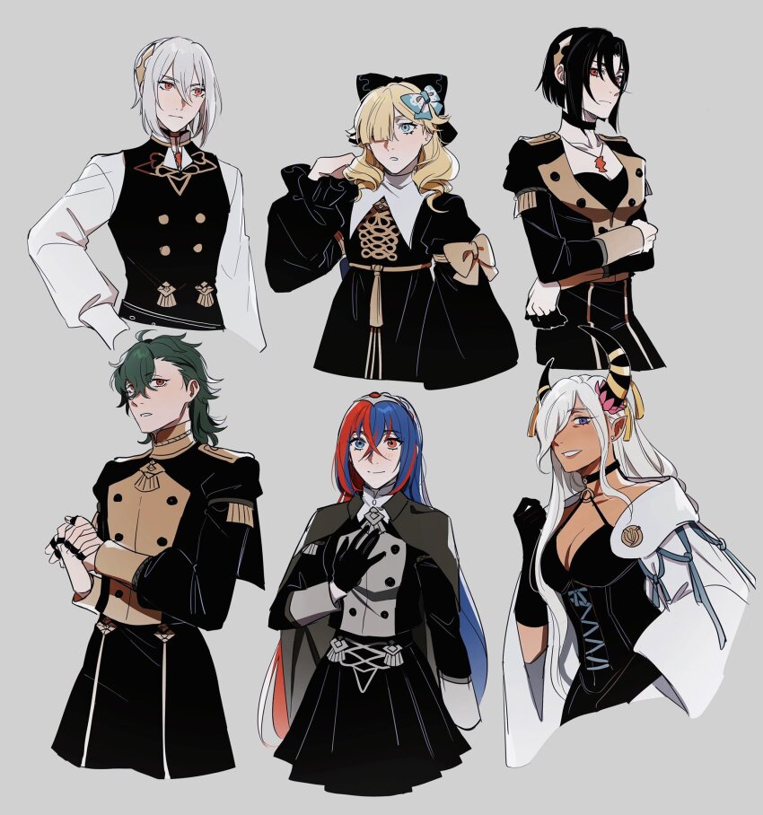2boys, 4girls, female_alear_(fire_emblem), alternate_costume, asymmetrical_horns, bare_shoulders, blonde_hair, blue_eyes, blue_hair, braid, breasts, cape, cleavage, closed_mouth, cosplay, crossed_bangs, crown_braid, dark-skinned_female, dark_skin, dorothea_arnault, dorothea_arnault_(cosplay), dragon_girl, epaulettes, felix_hugo_fraldarius, felix_hugo_fraldarius_(cosplay), female_byleth_(fire_emblem), female_byleth_(fire_emblem)_(cosplay), fire_emblem, fire_emblem:_three_houses, fire_emblem_engage, flayn_(fire_emblem), flayn_(fire_emblem)_(cosplay), garreg_mach_monastery_uniform, gloves, hair_ornament, hair_over_one_eye, heterochromia, highres, horns, long_hair, long_sleeves, looking_at_viewer, manuela_casagranda, mature_female, medium_breasts, multicolored_hair, multiple_boys, multiple_girls, nel_(fire_emblem), nintendo, open_mouth, pointy_ears, purple_eyes, rafal_(fire_emblem), red_eyes, red_hair, seirorath, short_hair, simple_background, smile, split-color_hair, tassel, tassel_hair_ornament, tiara, two-tone_hair, uneven_horns, upper_body, very_long_hair, white_hair, zelestia_(fire_emblem)