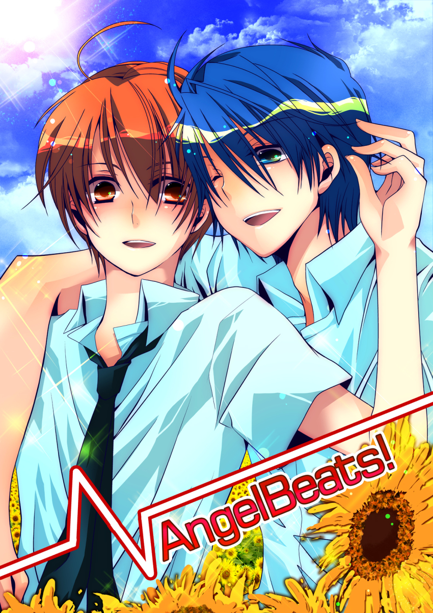 10s, 2boys, angel_beats!, bad_id, bad_pixiv_id, blue_eyes, blue_hair, brown_eyes