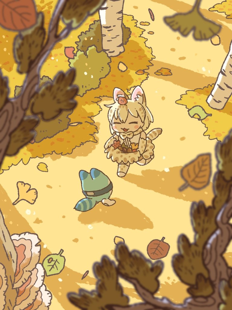 1girl, animal_ears, animal_print, autumn, autumn_leaves, birch_tree, blonde_hair, bow