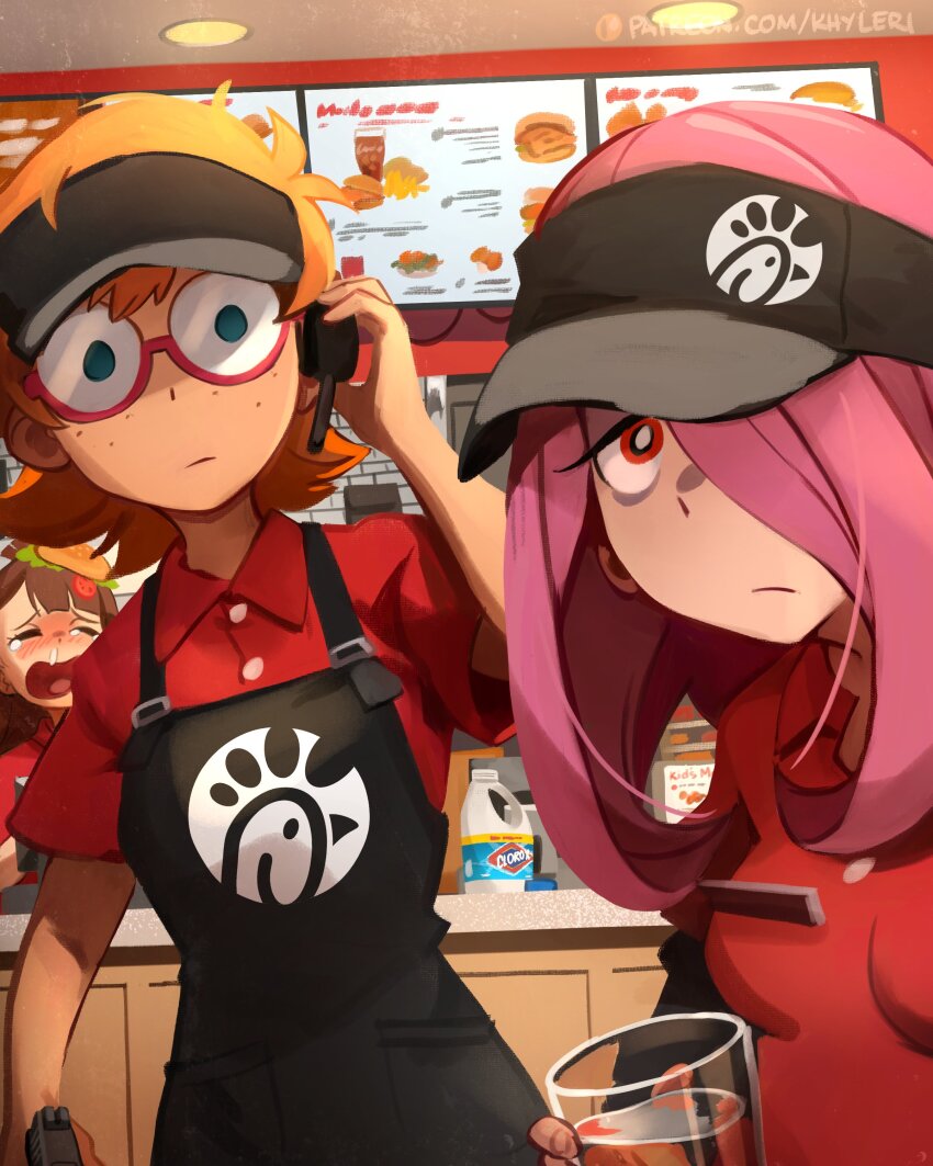 3girls, absurdres, adjusting_headset, apron, arm_at_side, asymmetrical_bangs, black_apron, black_headwear