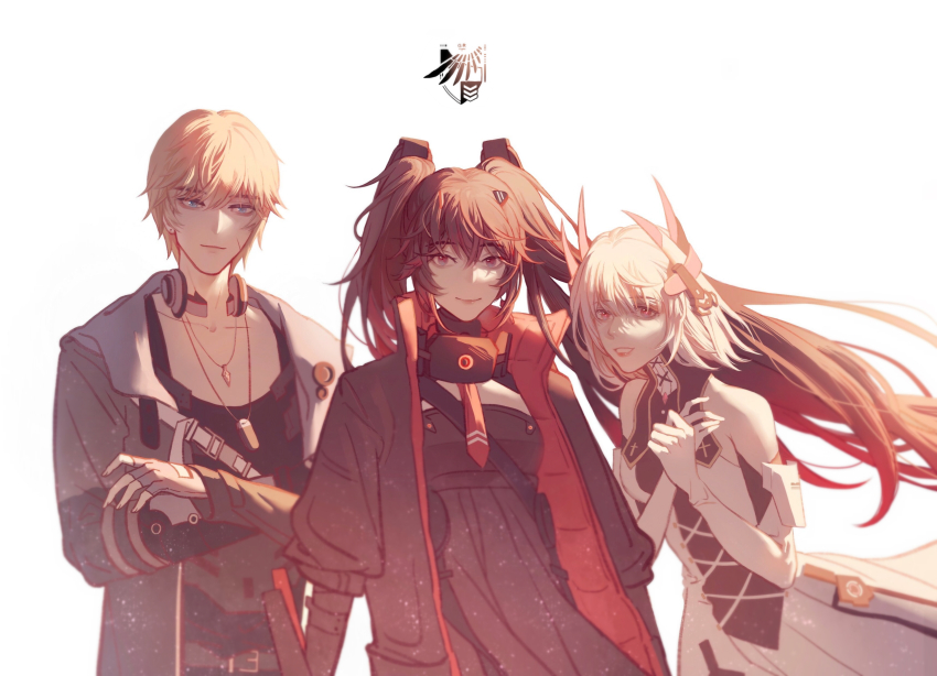 1boy, 2girls, absurdres, alpha_(pgr), black_dress, black_hair, black_jacket, black_shirt, blonde_hair, blue_eyes, blue_hoodie, collar, collared_dress, dog_tags, dress, elbow_gloves, fake_horns, gloves, gradient_hair, grey_hair, headgear, headphones, headphones_around_neck, highres, hood, hoodie, horns, jacket, lee:_entropy_(pgr), lee_(pgr), liv:_luminance_(pgr), liv_(pgr), long_hair, alpha:_crimson_abyss_(pgr), lucia:_plume_(pgr), lucia_(pgr), mechanical_arms, mechabare, medium_hair, multicolored_hair, multiple_girls, necktie, punishing:_gray_raven, red_eyes, red_hair, red_jacket, red_necktie, sakesake_79, shirt, short_hair, small_horns, streaked_hair, twintails, very_long_hair, white_background, white_dress, white_gloves