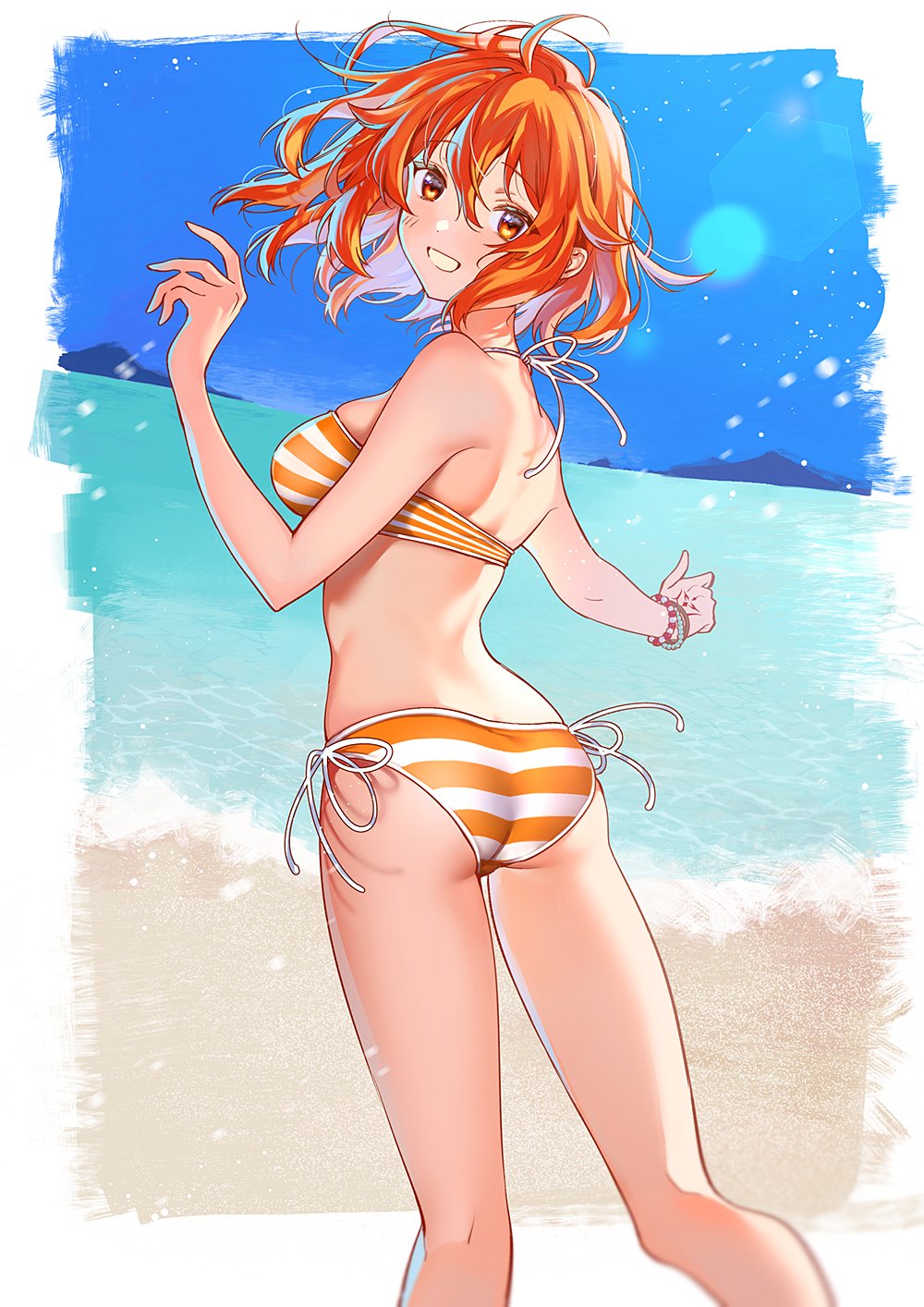 1girl, ahoge, ass, beach, bead_bracelet, beads, bikini, blue_sky