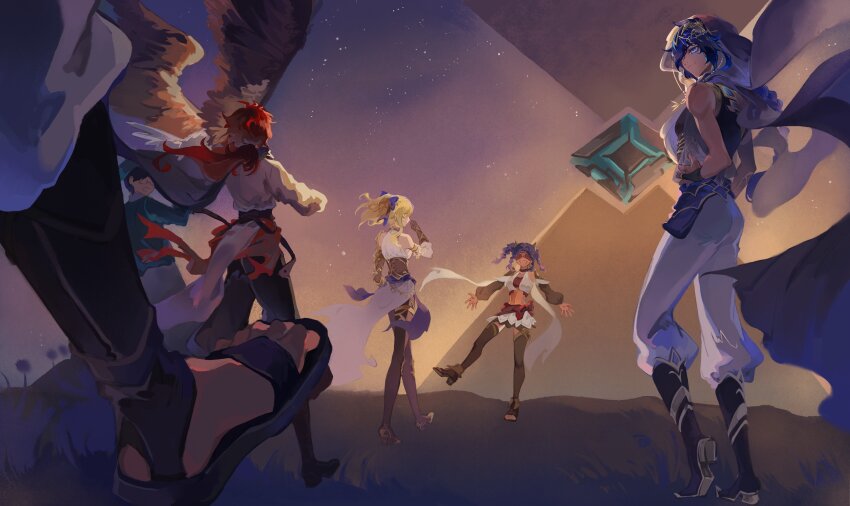 2girls, 4boys, absurdres, ass, beret, bikini, bird, black_footwear