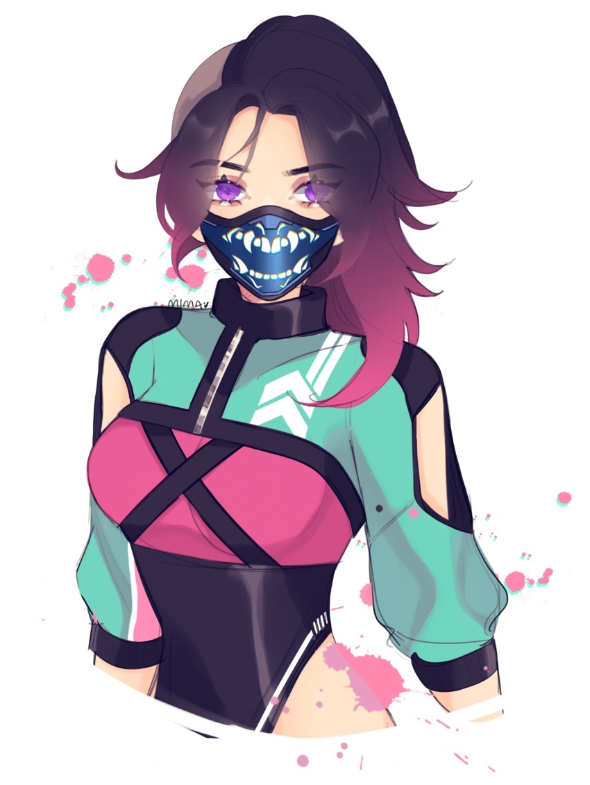 1girl, animification, apex_legends, arm_cutout, artist_name, black_hair, black_leotard, clothing_cutout, commentary, english_commentary, gradient_hair, highres, itsaboutspoons, leotard, long_hair, looking_at_viewer, mask, mouth_mask, multicolored_hair, official_alternate_costume, paint_splatter, pink_hair, pink_shirt, punk_phaser_wraith, purple_eyes, shirt, shrug_(clothing), solo, white_background, wraith_(apex_legends)