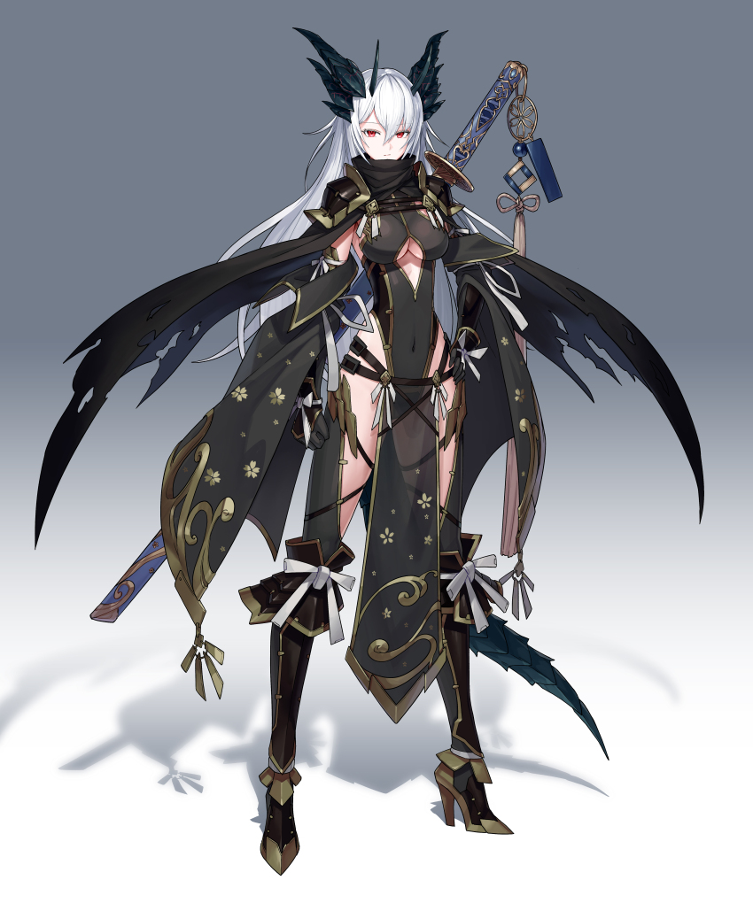 1girl, absurdres, armor, boots, borrowed_character, cape, commission, covered_navel