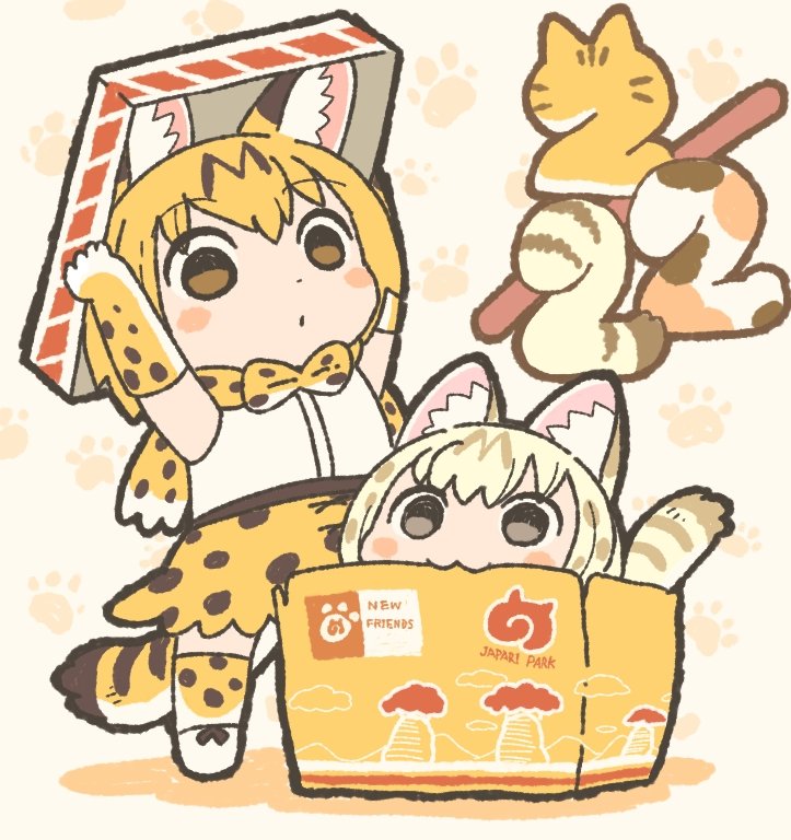 2girls, :3, animal_ear_fluff, animal_ears, animal_print, arms_up, blonde_hair, blush