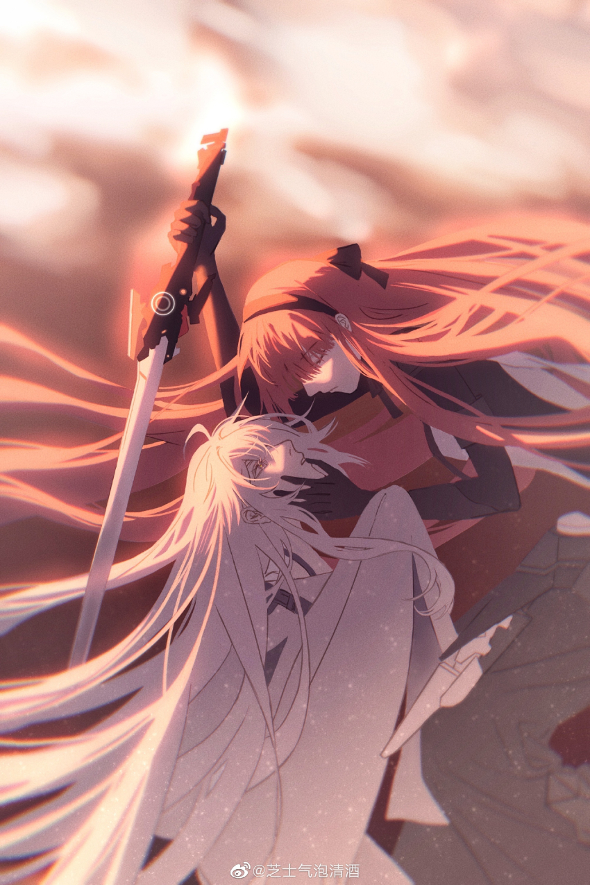 2girls, absurdly_long_hair, absurdres, black_bodysuit, black_hairband, black_ribbon, black_skirt, bodysuit, closed_eyes, closed_mouth, dress, from_side, grey_dress, grey_eyes, grey_hair, hair_ribbon, hairband, hand_on_another's_face, highres, holding, holding_sword, holding_weapon, long_hair, long_skirt, long_sleeves, multiple_girls, no._21:_xxi_(pgr), no._21_(pgr), punishing:_gray_raven, red_hair, ribbon, sakesake_79, skirt, sleeves_past_fingers, sleeves_past_wrists, sword, vera:_rozen_(pgr), vera_(pgr), very_long_hair, weapon, white_bodysuit